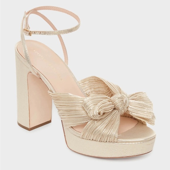 Loeffler Randall Shoes - NWB, Loeffler Randall Platinum Lame Natalia Platform Heels with Pleated Bow 7